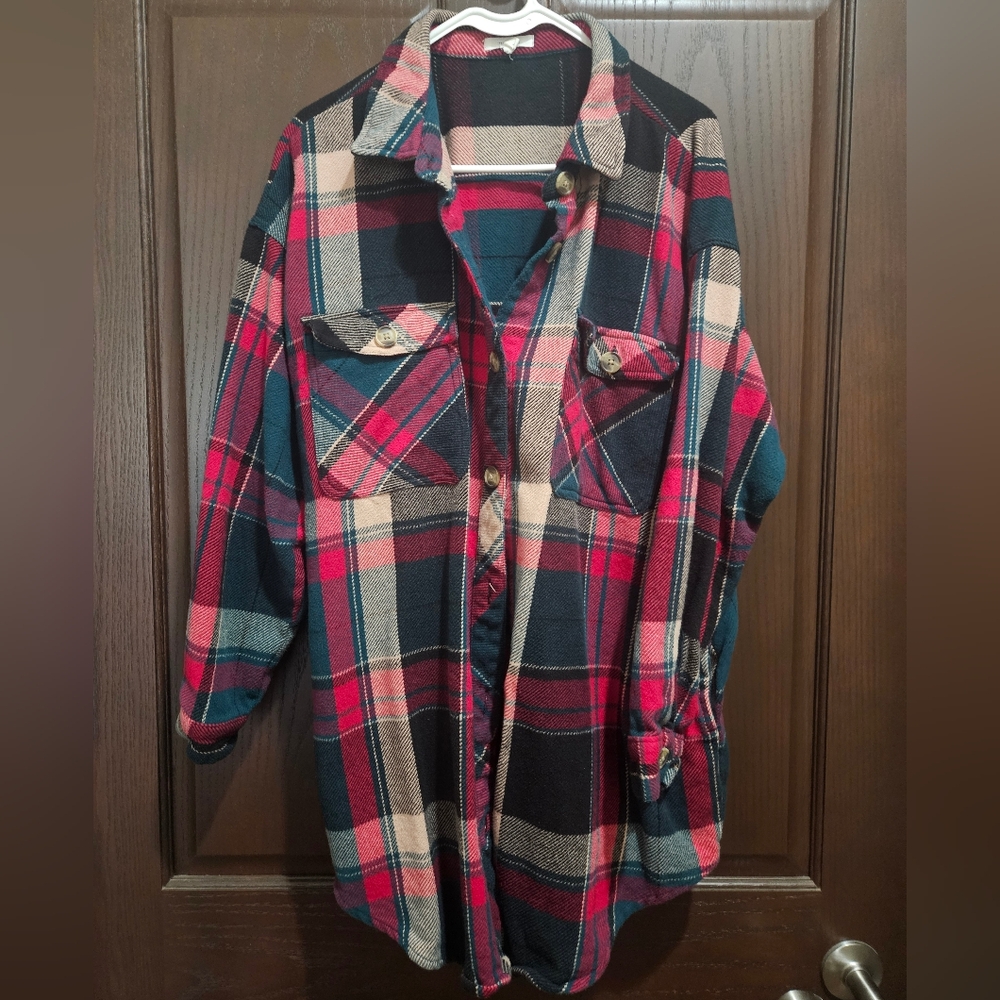 Maurices Plaid Unlined Shacket in Red and Hunter